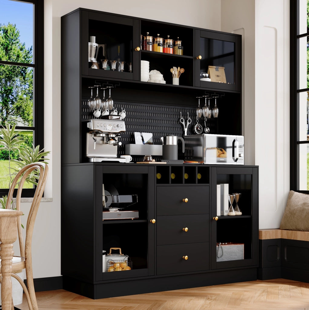 Colonna cucina con LED smart, portabottiglie e vetro, nera