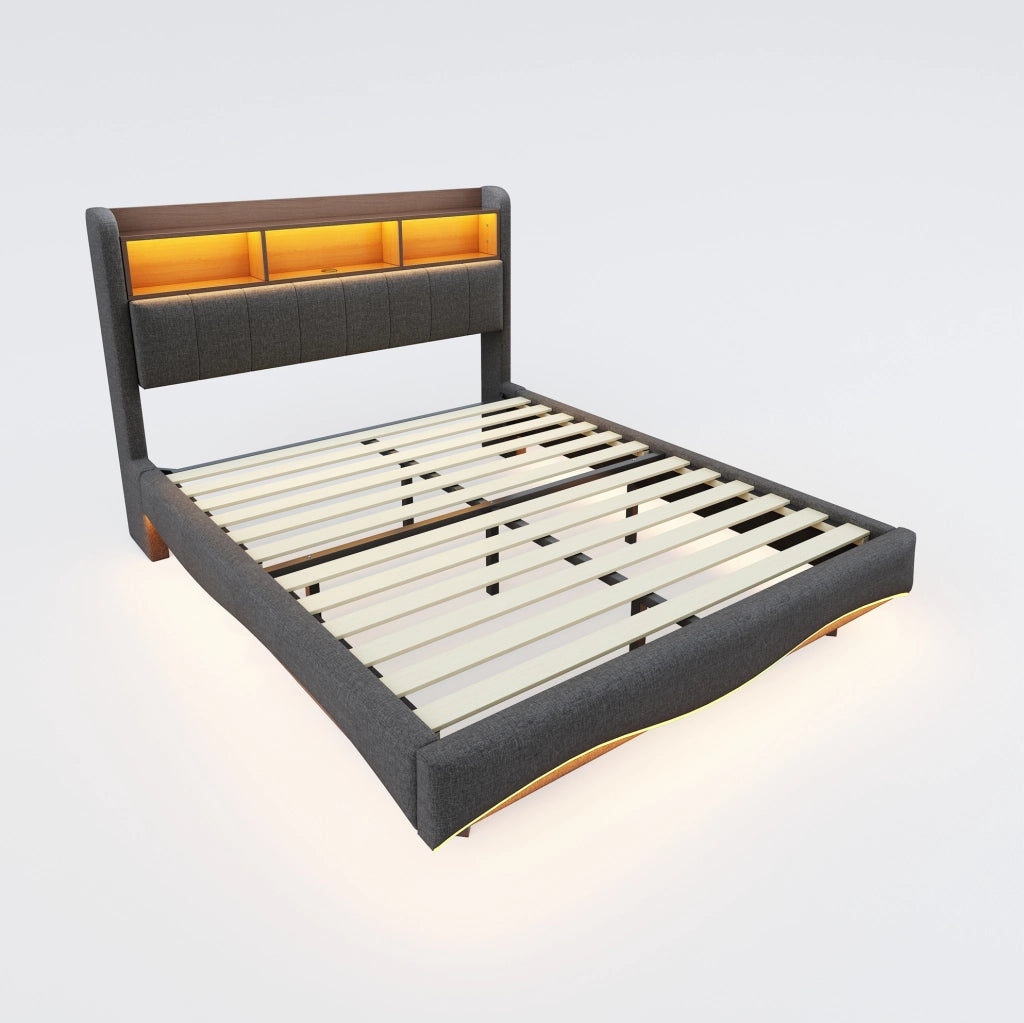 Letto imbottito sospeso 140x200 con LED, USB, Type-C e vano testiera