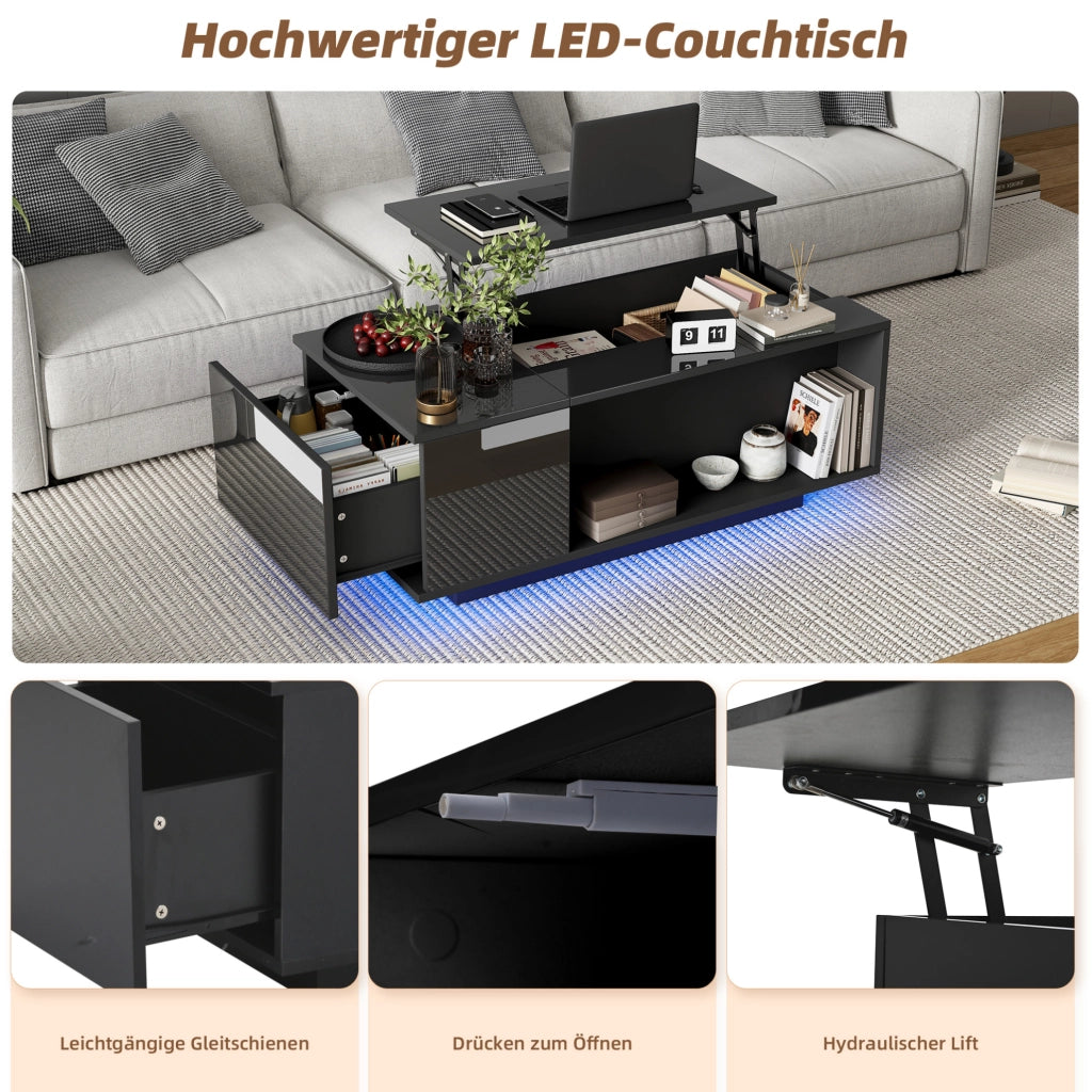 Tavolino da caffè LED elevabile con cassetto 100x50x40 cm