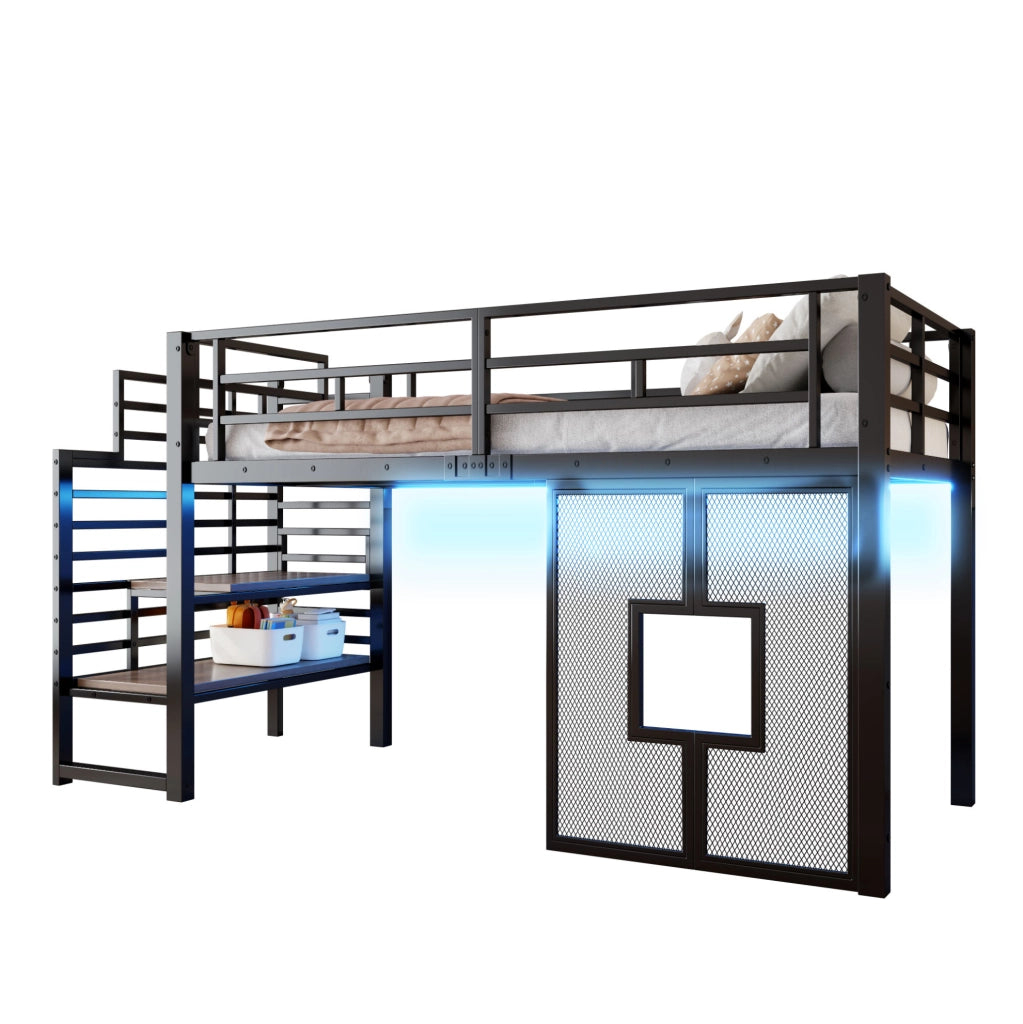 LETTO a soppalco in metallo 90x200 cm Nero con scala e luci LED