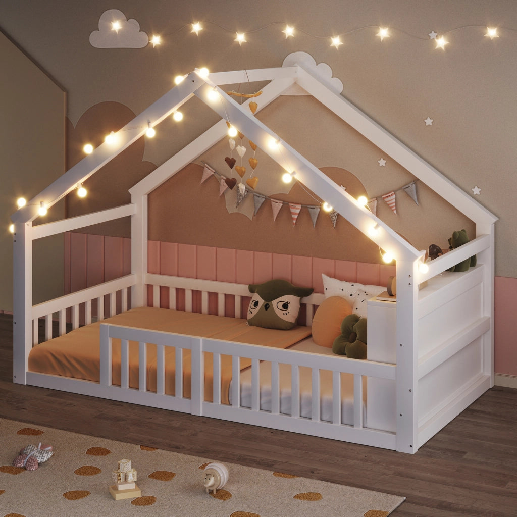 Letto a casetta 90x190 cm bianco in pino con sponde; ripiani e luci LED