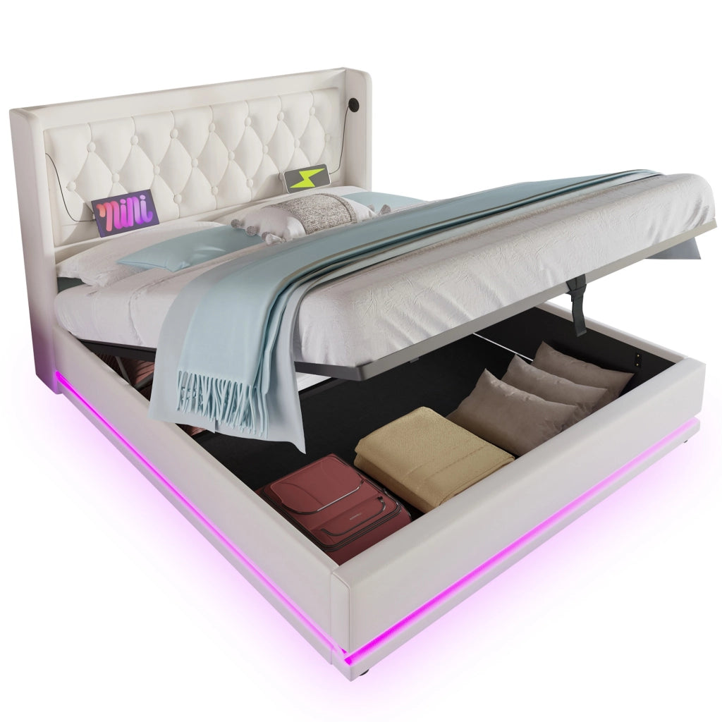 Letto Contenitore 140x200 cm; Matrimoniale - USB; Type-C; LED 3 lati - PU Bianco