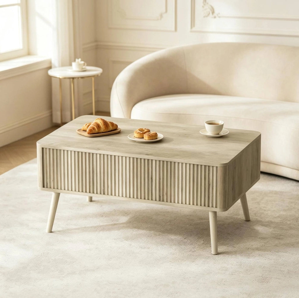 Tavolino da soggiorno moderno in MDF e legno di pino con piano regolabile in altezza, finitura rovere, 91x56 cm