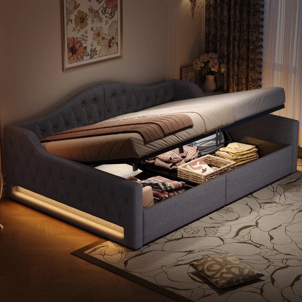 Letto imbottito una piazza e mezza 140×200 cm con contenitore e LED regolabile, senza materasso, lino, grigio