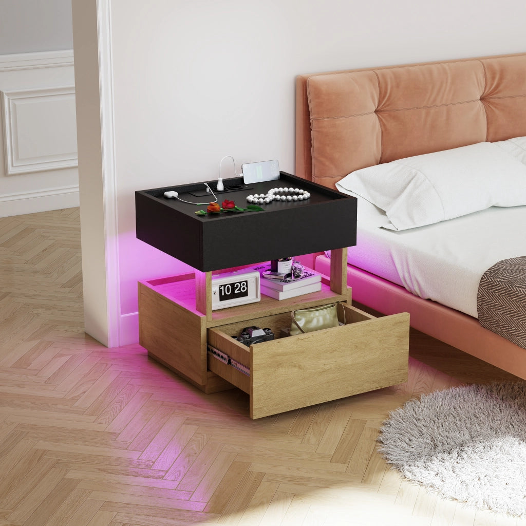 Comodino con ricarica wireless, LED e due cassetti, finitura legno e nero per camera da letto 50 × 40 × 50 cm