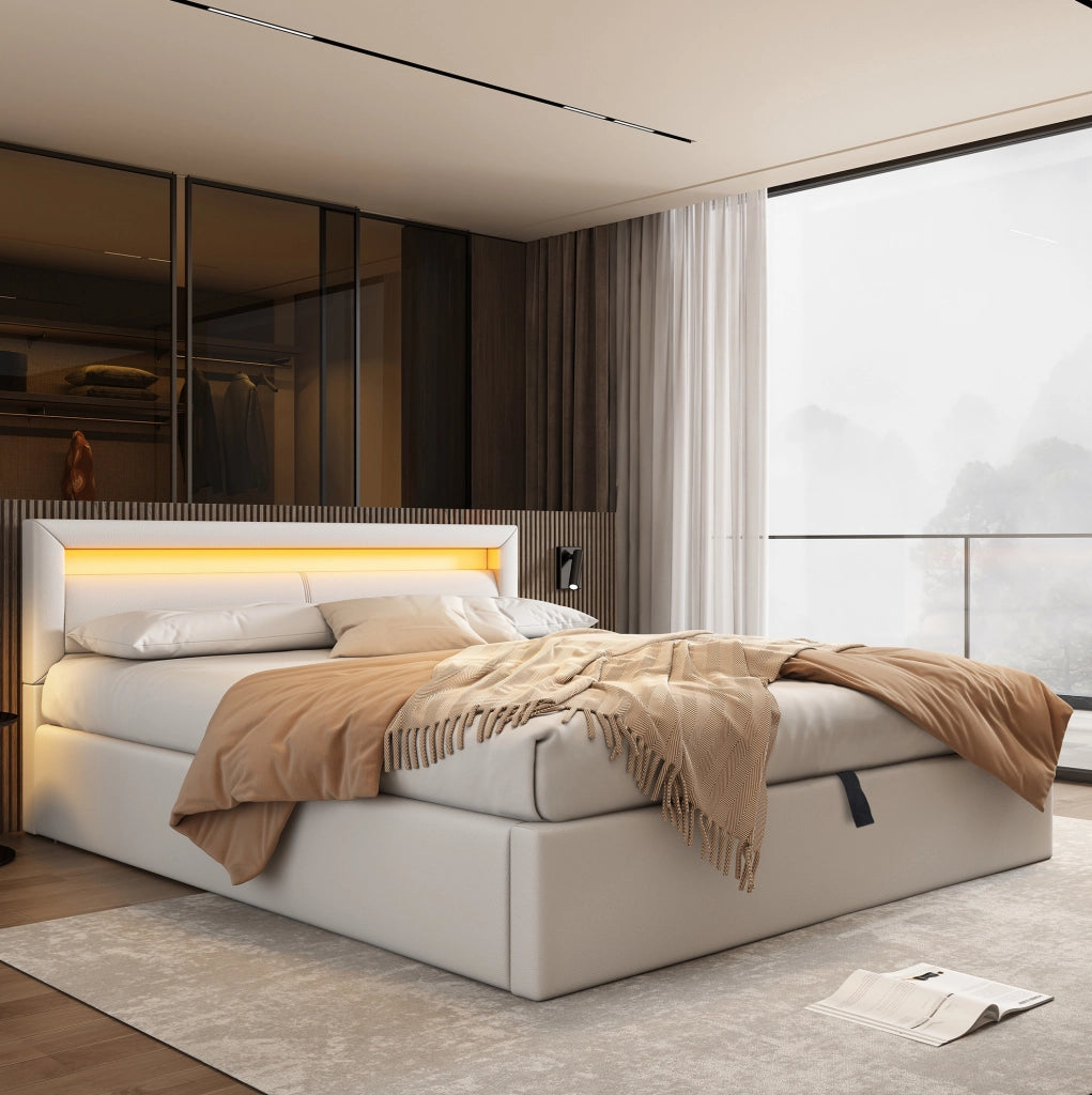 Letto imbottito con luce LED e contenitore 140 x 200 cm bianco