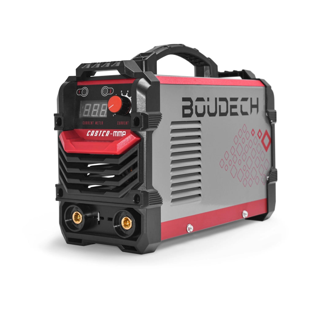 CASTER-MMA Saldatrice ad inverter 200Amp con tecnologia IGBT. Leggera, sicura ed affidabile, dotata di controllo a circuito chiuso. Fornita con pinza di massa, porta elettrodo e maschera per saldatura. Certificata CE