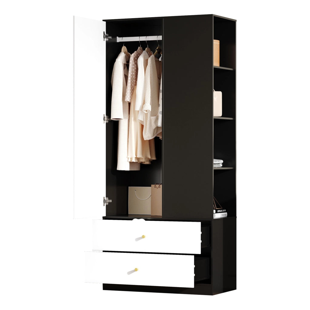 Armadio 1 anta con specchio; 2 cassetti e 4 ripiani; 80 × 40 × 180 cm; bianco e nero