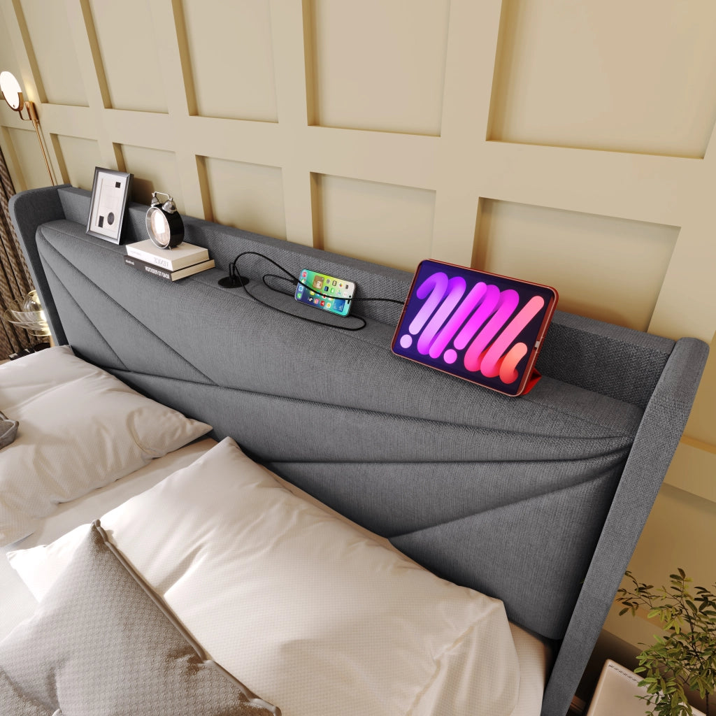 Letto matrimoniale 140x200 con contenitore grigio e prese USB