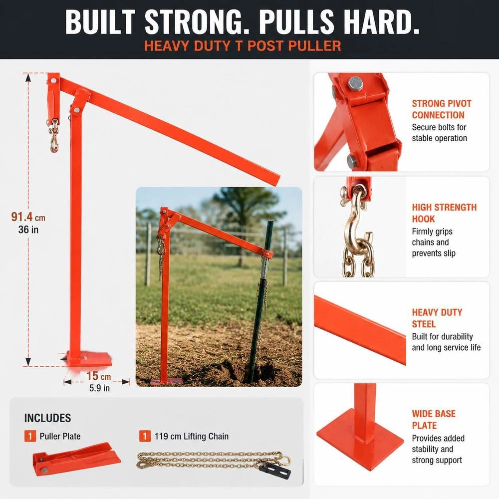 36 In T Post Puller, Heavy Duty Fence Post Pullers With Puller Plate & 47 In Lifting Chain, Labor-Saving T-Post Remover Tool For Round Fence Posts, Sign Posts & Tree Stumps