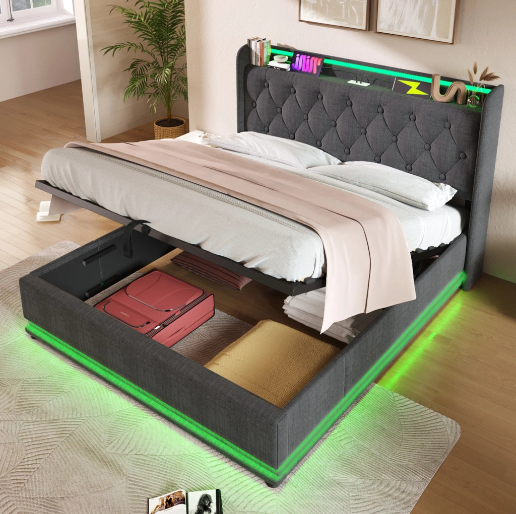 Letto matrimoniale contenitore 140 × 190 cm in lino grigio con LED 360°; USB e Type-C