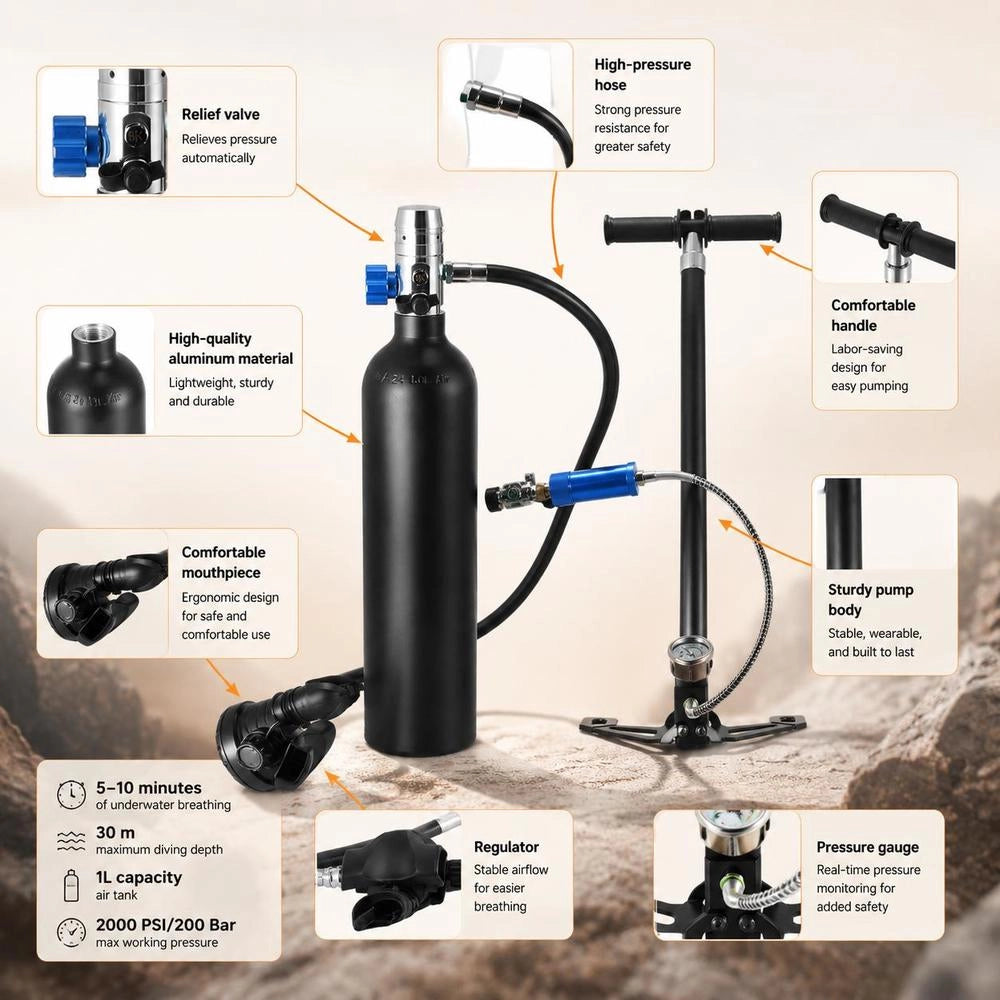 Diving Cylinder, Diving Tank, Oxygen Cylinder For Diving, Supports 5-10 Minutes Of Underwater Breathing, 30 M Diving Depth, Refillable Snorkel Air Tank With Pump For Underwater Exploration