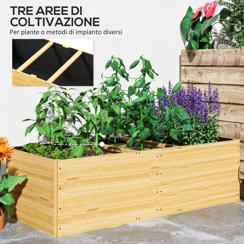 Fioriera da Esterno in Legno di Abete Divisa in 3 Aree con Strato in Tessuto non Tessuto, 140x60x40 cm