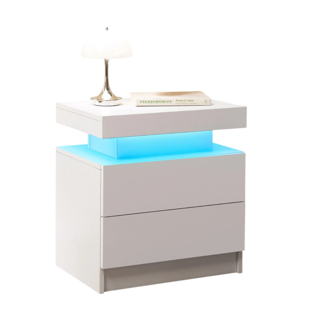 Set di 2 comodini ULEVR bianchi con LED multicolore regolabile, vano aperto e 2 cassetti