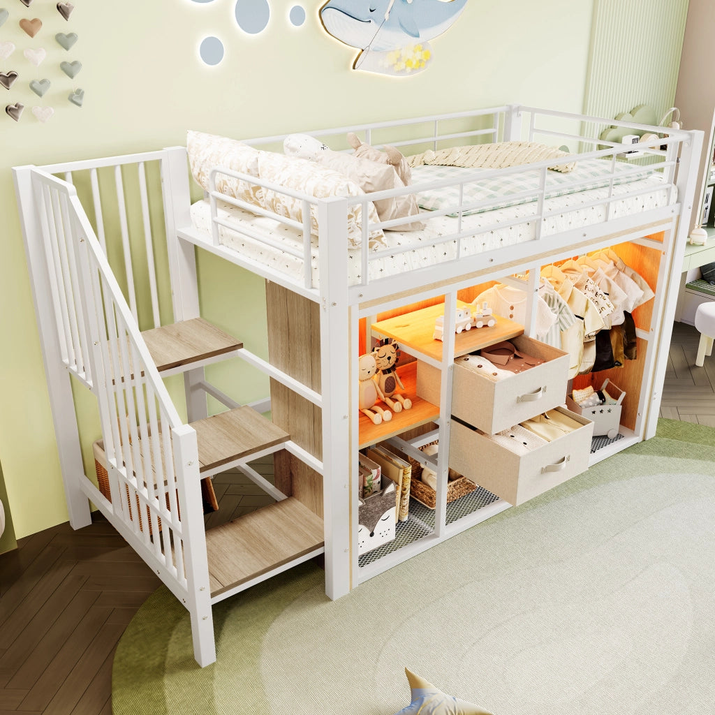 Letto a soppalco 90 × 200 cm con 2 cassetti LED multicolore metallo e MDF bianco