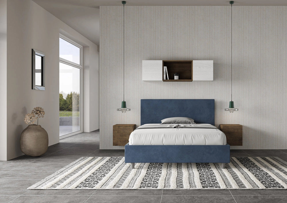 Letto Matrimoniale Francese 150x210 cm con Rete e Contenitore Adele Blu