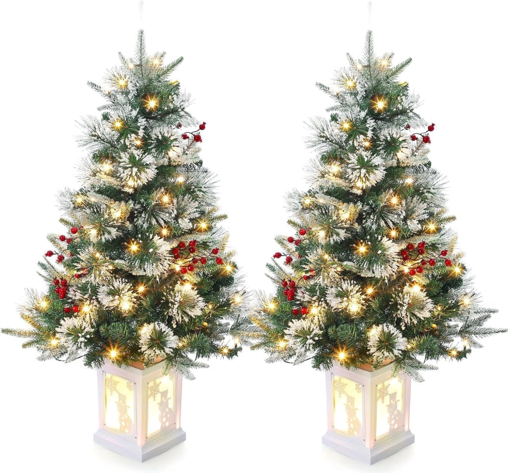 Set 2 Alberi di Natale 90cm con 78 LED Bianco Caldo 8 Modi e Base Pupazzo di Neve