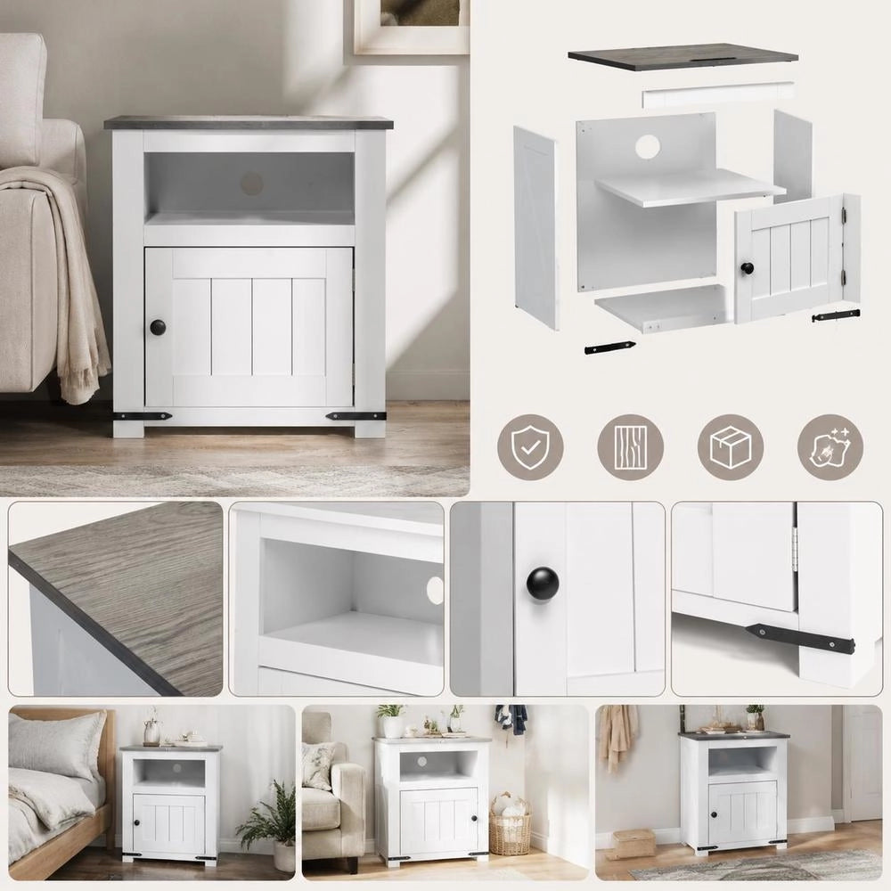 Country Style Nightstand With USB Charging Ports And Outlets, White Wood Grain 3-Tier Storage Side Table For Bedroom Living Room Study, 40x40x60 Cm