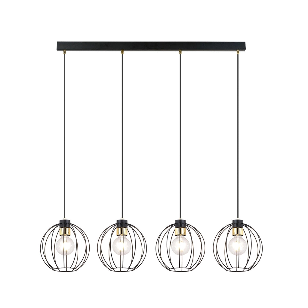 Sospensione Industrial 4 Luci Tiwaz Acciaio Nero A Paralumi Gabbia Con Oro
