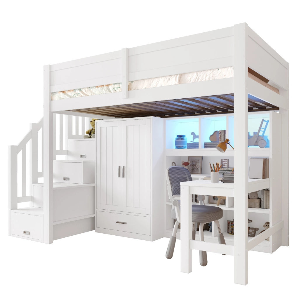 Letto a soppalco 90x200 con scrivania; armadio; scaffale e luci LED bianco