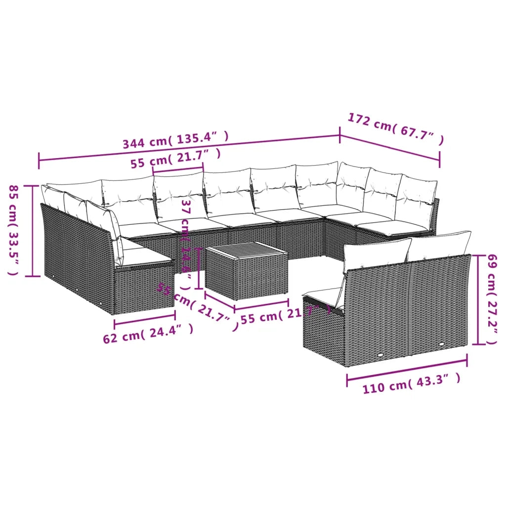 Set Divano da Giardino 13 pz con Cuscini Beige in Polyrattan