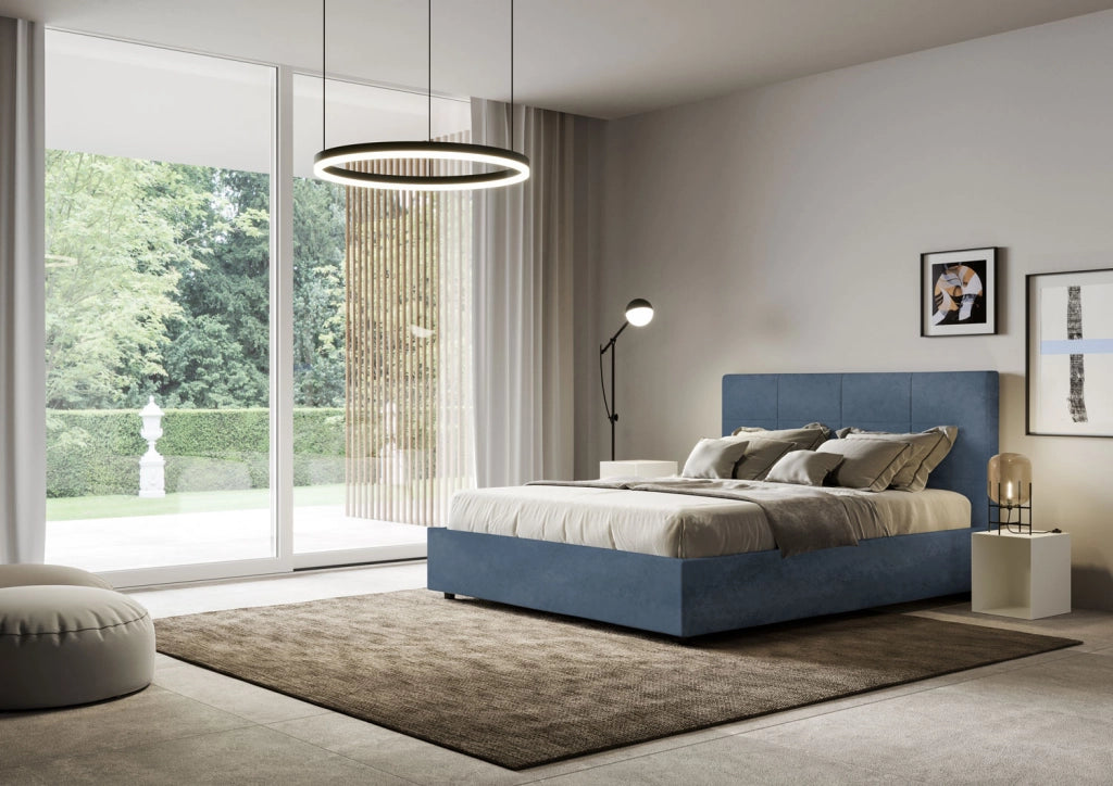 BS COM Letto queen size senza rete imbottito 150x190 microfibra blu