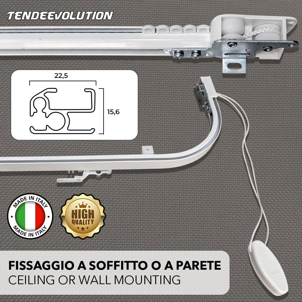 Binario Scorritenda da Parete in Alluminio Bianco, Curve Sporgenti 22cm, Movimento a Corda, Apertura Centrale CM lunghezza 160cm