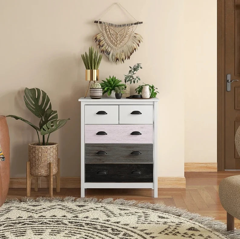 Cassettiera bianca in MDF 70x38x85 cm, 5 cassetti e kit antiribaltamento