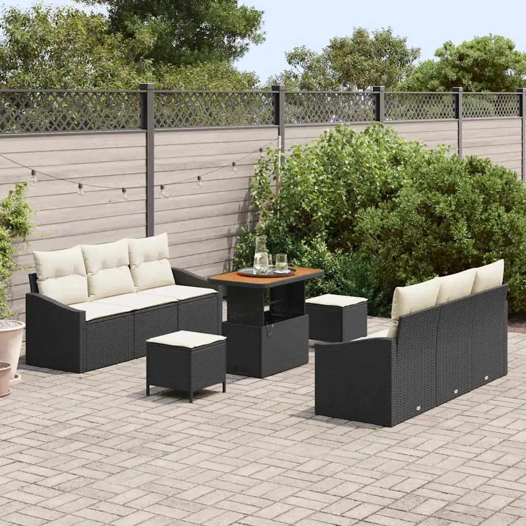 Set Divano da Giardino con cuscino 9 pcs Nero e Crema