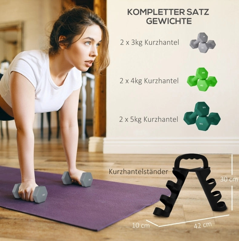 Set di manubri esagonali 6 pezzi 2 x 3 kg 2 x 4 kg 2 x 5 kg con supporto multicolore