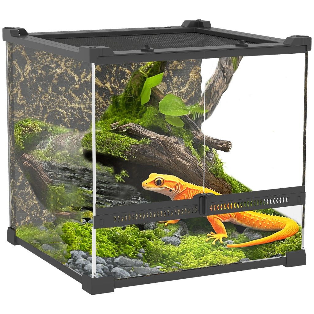 Terrario in Vetro per Rettili con Fondo Impermeabile Chiusura a Pulsante e Coperchio in Rete Traspirante per Tartarughe Serpenti
