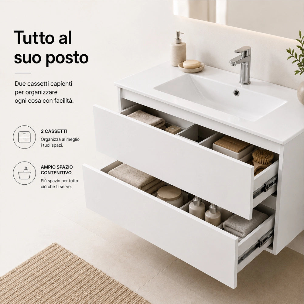 Mobile da Bagno Sospeso con Specchio e 2 Cassetti Otranto Larghezza 80cm Bianco