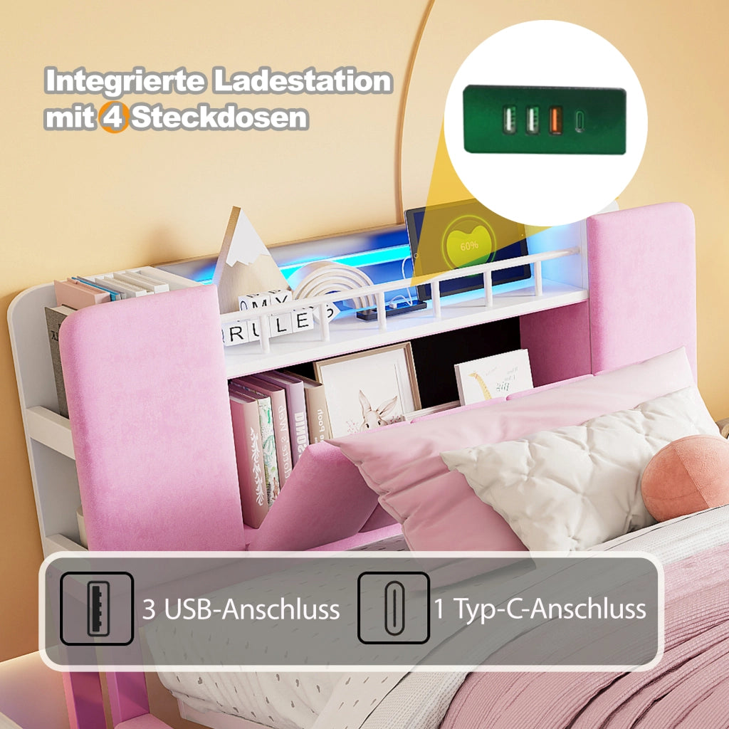 Letto imbottito per bambini 90×200 cm con LED; USB e contenitore idraulico; senza materasso; rosa