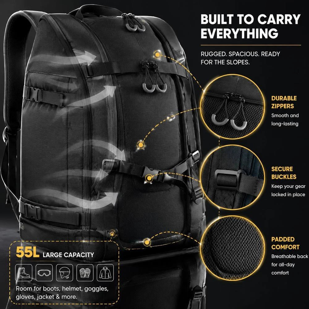 Ski Bag, 55 L, Travel Backpack For Snowboard Boots, Ski Boot Bag Made Of Durable 1680D Oxford, Ski Bag For Skis, Snowboard, Helmet, Goggles, Gloves, Accessories (black)