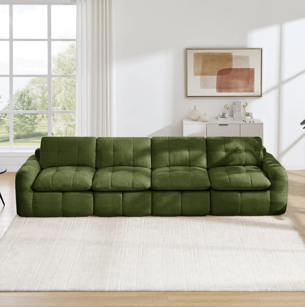Divano modulare senza telaio 4 posti in ciniglia verde 334x97x68 cm