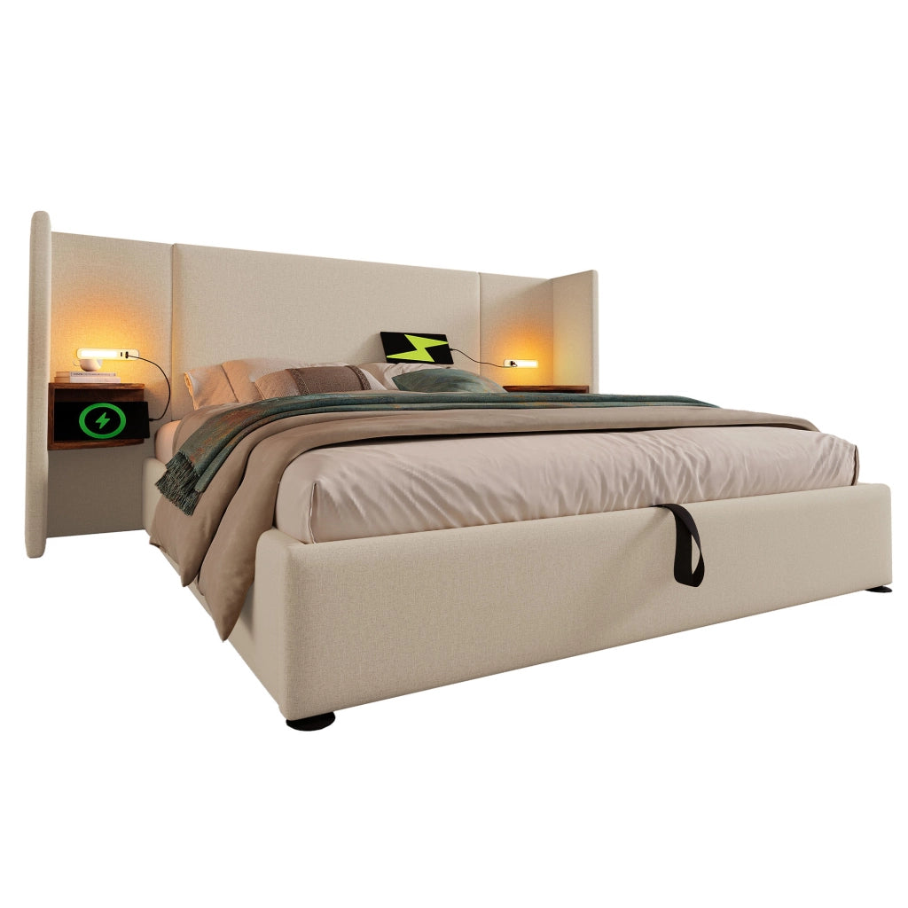 Letto contenitore matrimoniale 160x200 beige con materasso