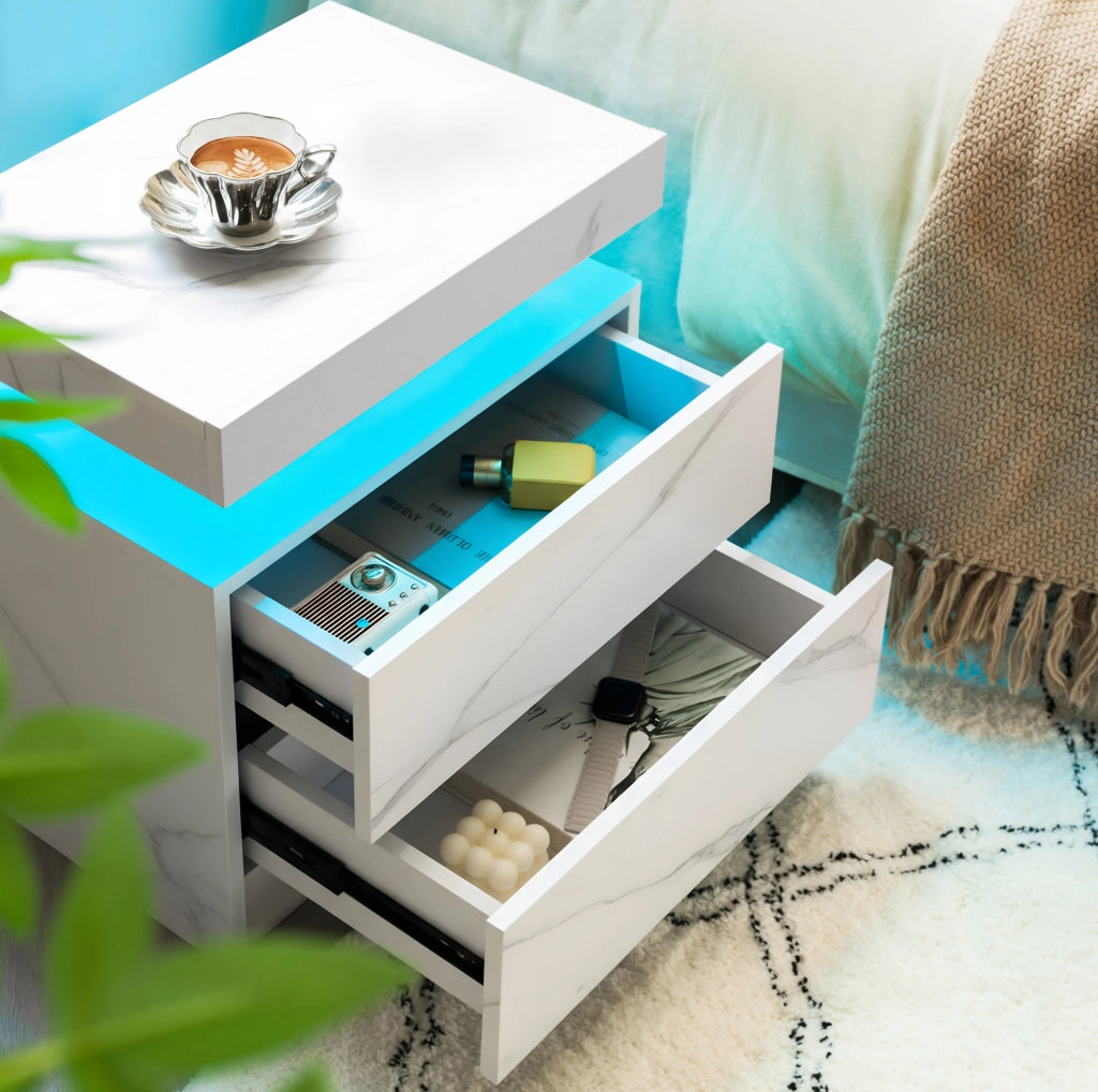 Comodino ULEVR con LED multicolore, 2 cassetti e vano aperto, pannello a base di legno bianco opaco