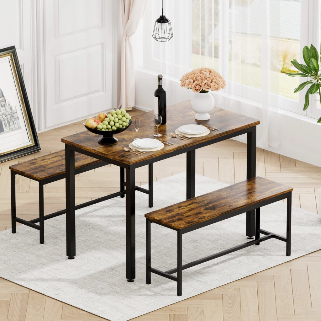 Set da pranzo industriale con tavolo 110x60x75 cm e 2 panche rustiche marrone e nero