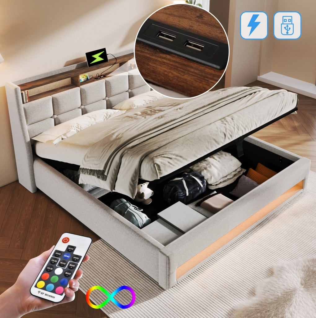 Letto imbottito 140x200 cm beige con LED, USB e contenitore