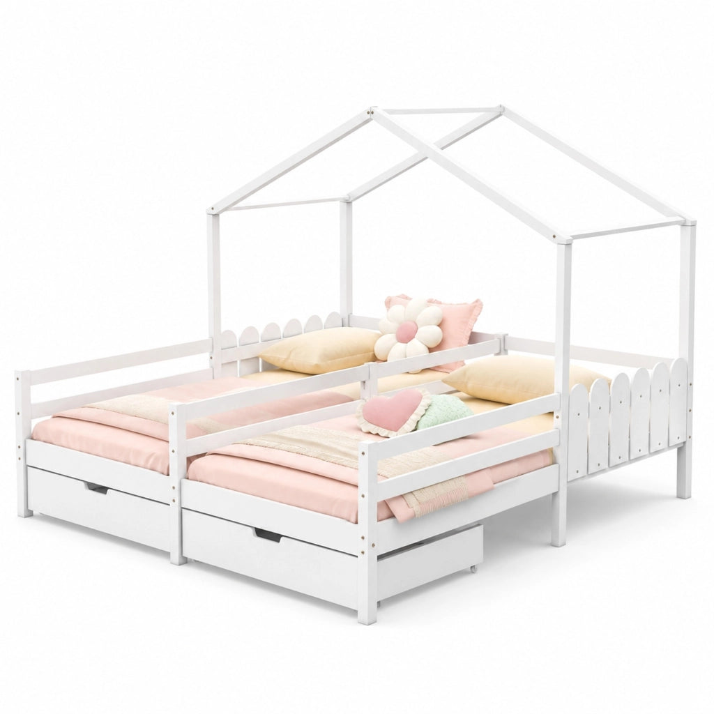 Letto a casetta doppio 200x90 cm bianco con 2 cassetti MDF