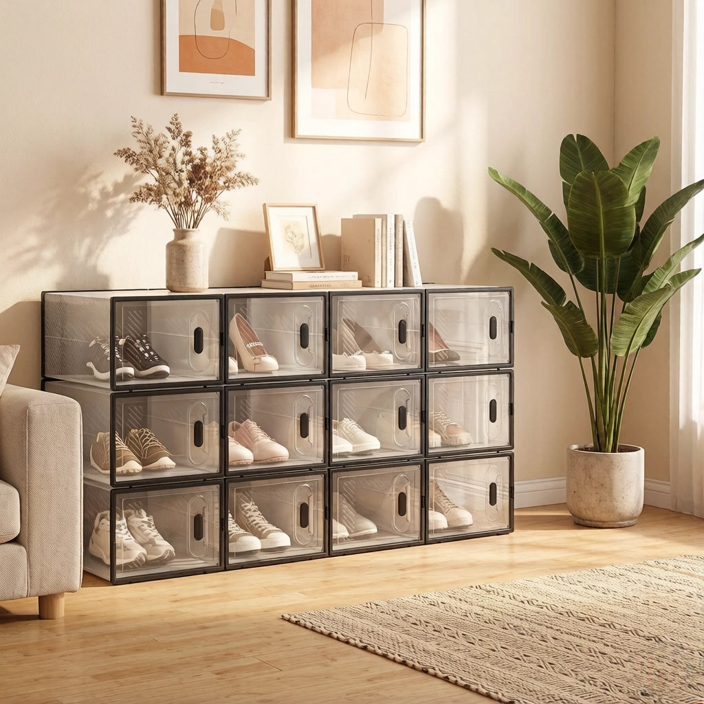 Scarpiera modulare con 12 box impilabili e aperture frontali, in plastica trasparente e nera, per camera da letto