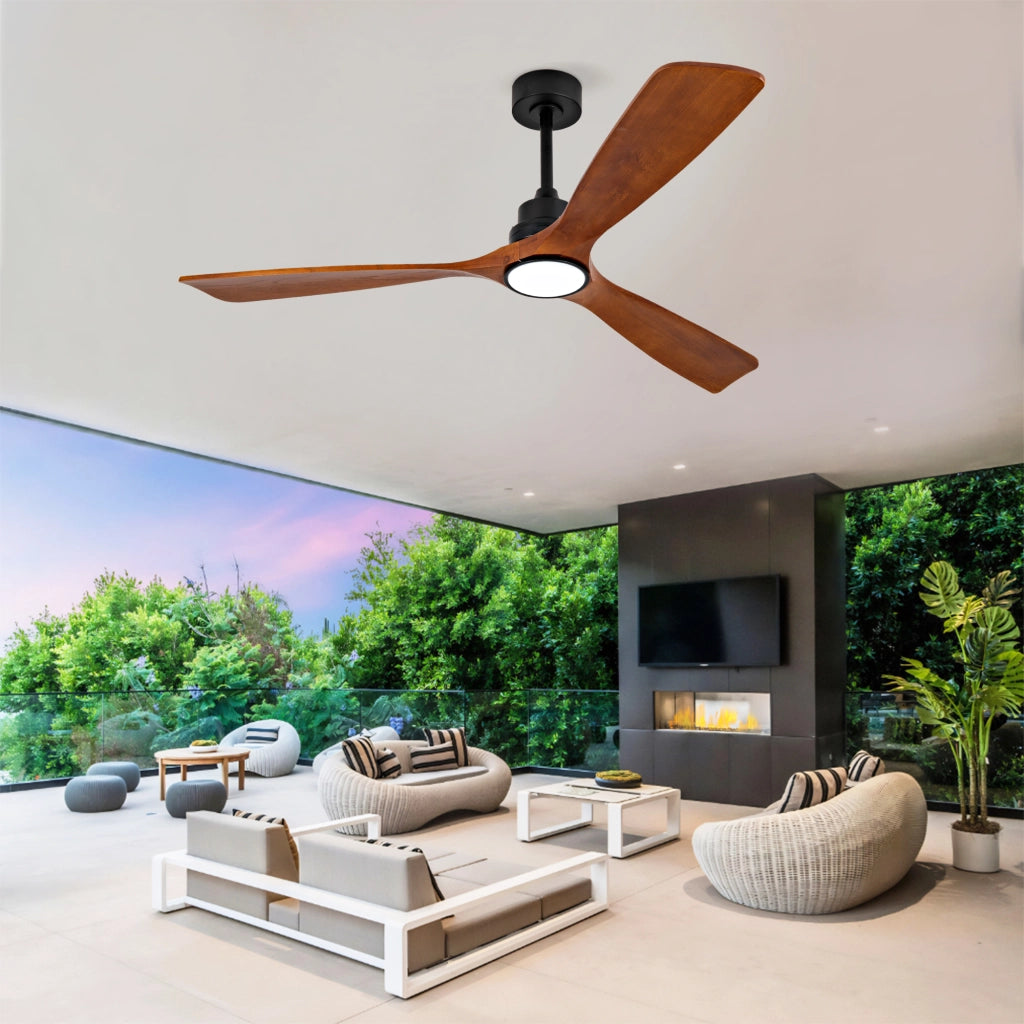 Ventilatore da soffitto con luce LED e telecomando; metallo e legno noce e nero