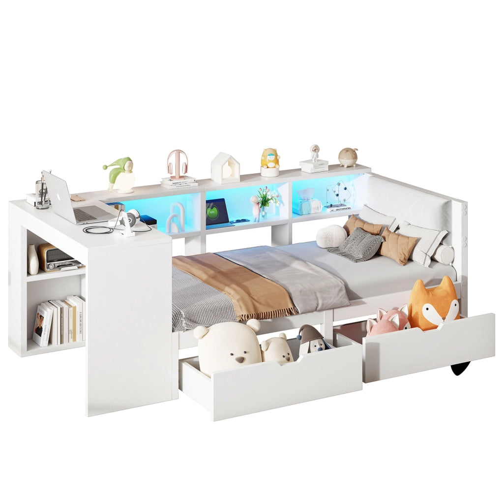 Letto a piattaforma in legno 90x200 cm con testiera imbottita, cassetti, ripiani, stazione di ricarica e luci LED colorate, bianco