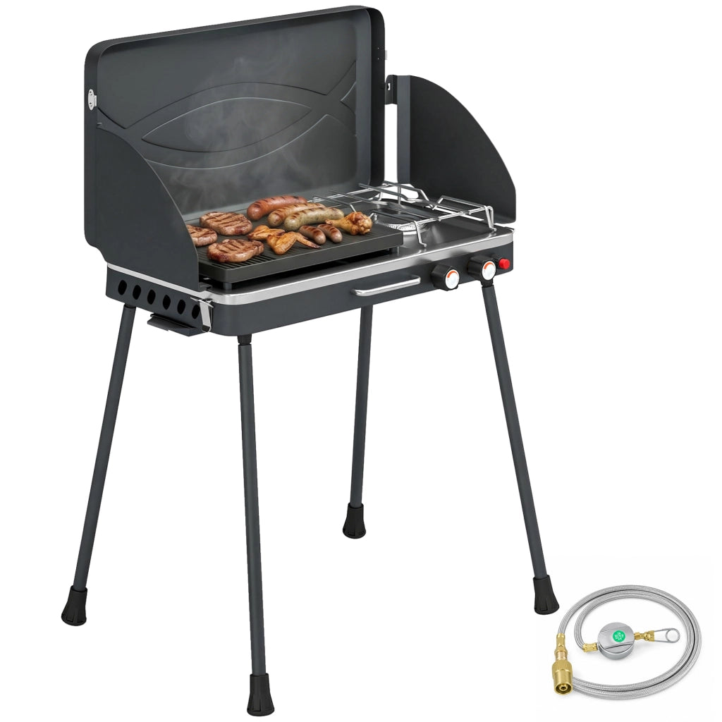 Barbecue a Gas Propano Portatile 2-in-1 con Griglia e Fornello, 7 kW, per Campeggio e Giardino, Nero