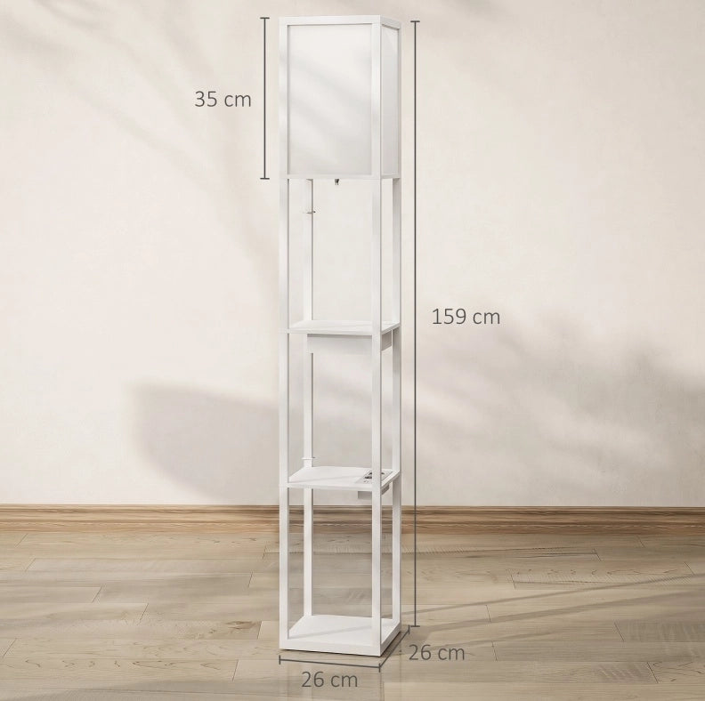 Lampada da terra 26x26x159 cm in MDF bianco con ripiani e USB –