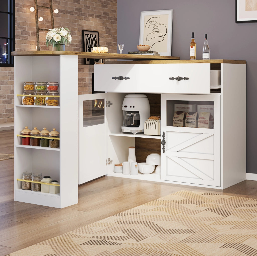 Tavolo bar allungabile girevole 360° con spazio contenitivo, 138-204 x 39 x 104 cm, bianco
