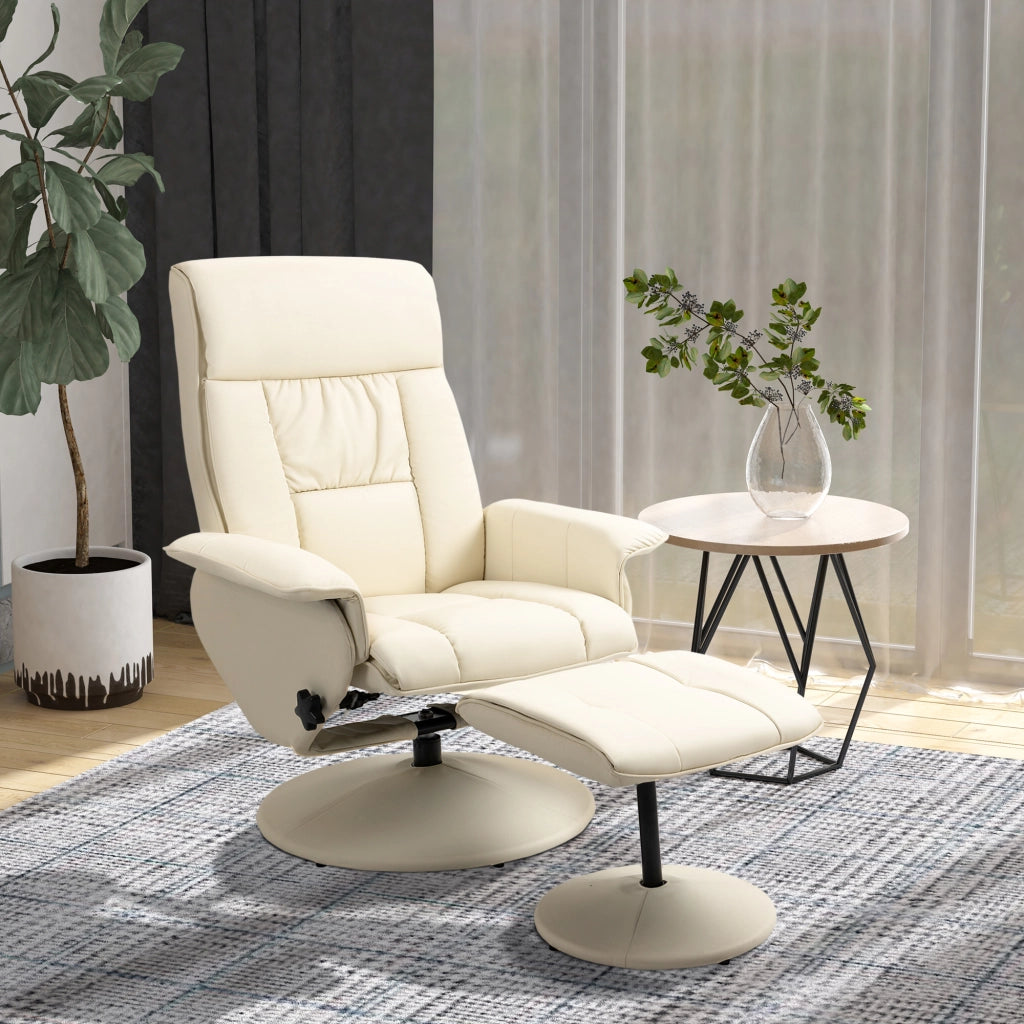 Poltrona Relax Reclinabile fino 135¡ã con Seduta Girevole e Pouf Poggiapiedi, 78x84x110cm, Crema