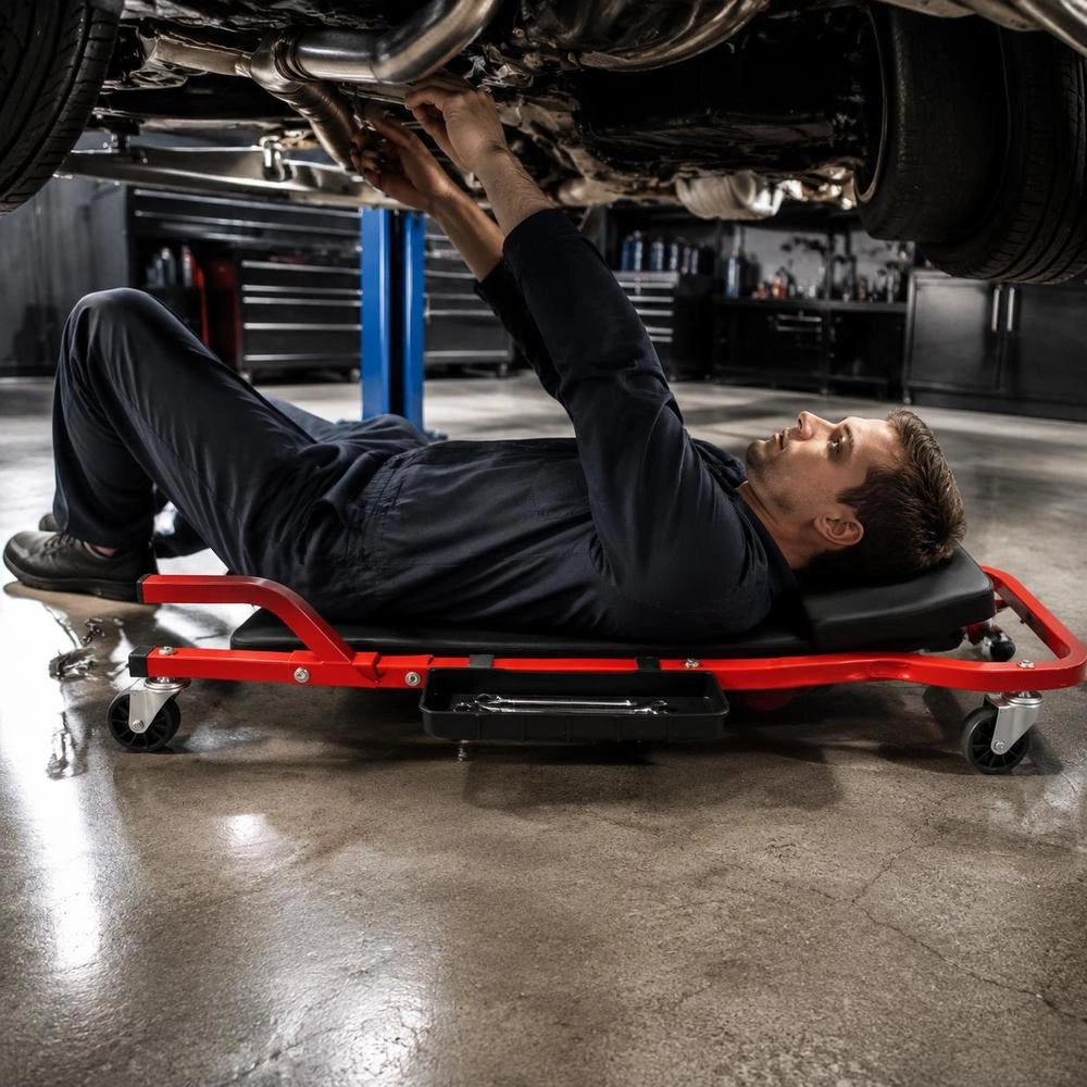 Mechanic's Creeper, 1118 Mm, 136.1 Kg Load Capacity, Vehicle Creeper With 6 Swivel Casters, Adjustable Padded Headrest, Tool Tray, Robust Steel Frame For Garages, Repair Shops And DIY Enthusiasts