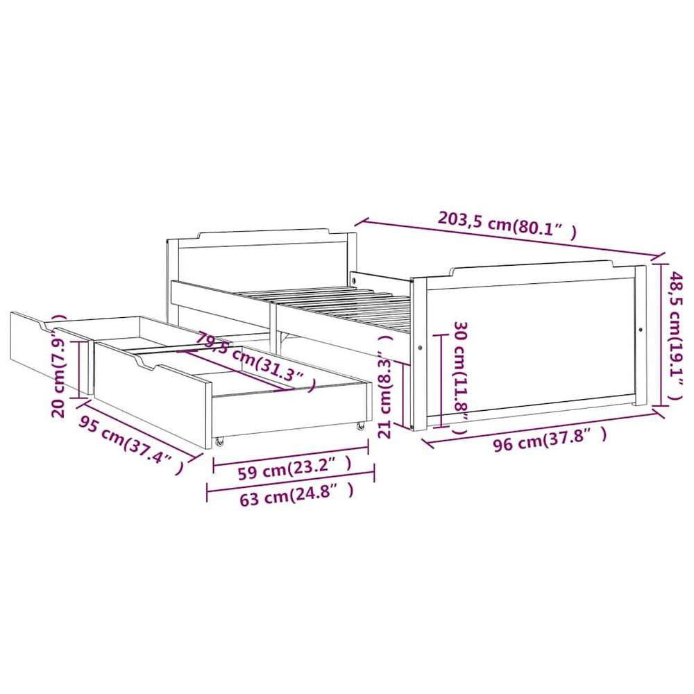 Solid Wood Bed With Drawers, Pine, 90x200 Cm