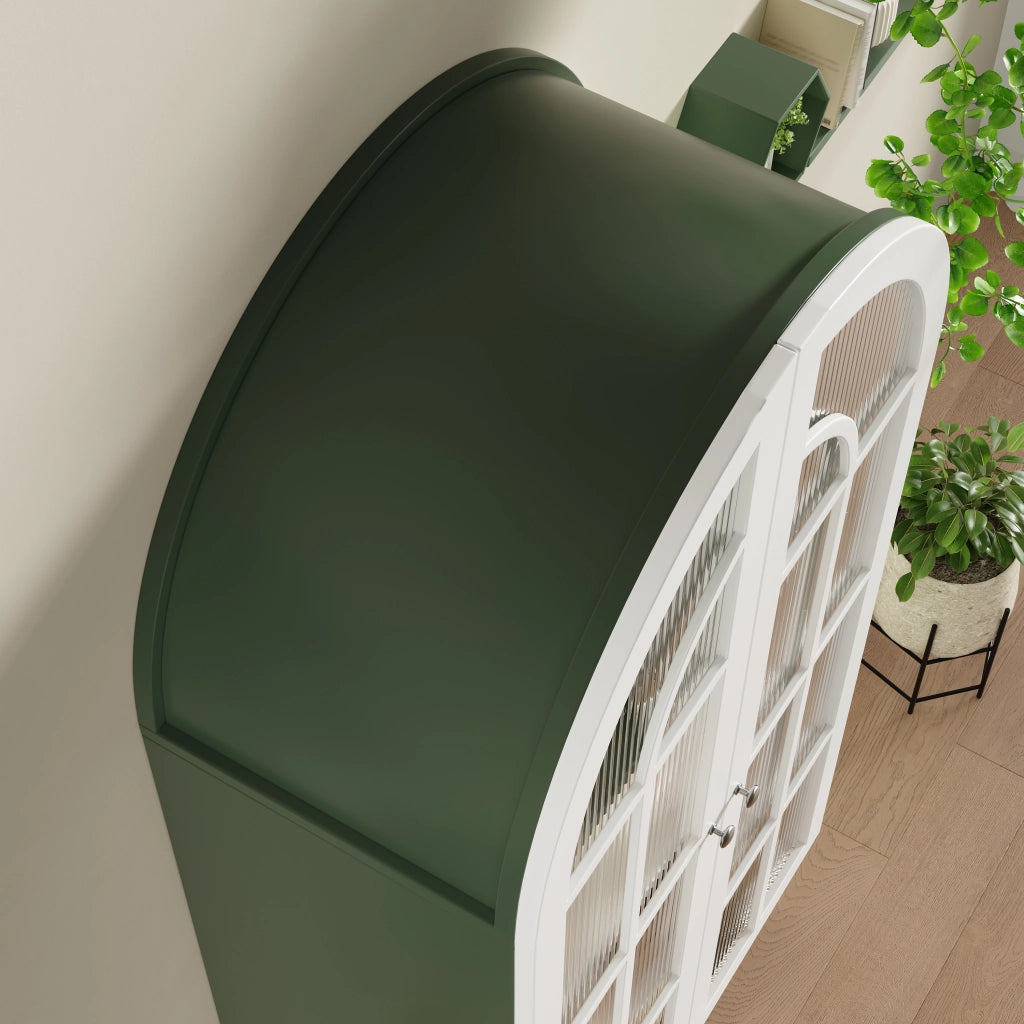 Vetrina ad arco con ante doppie in vetro rigato tre ripiani MDF verde scuro e bianco portata 60 kg 76 × 38.5 × 165 cm